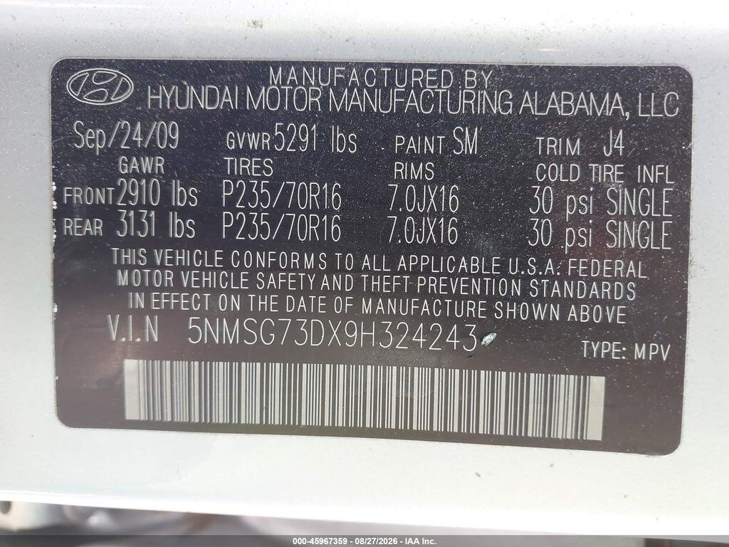 5NMSG73DX9H324243 2009 HYUNDAI SANTA FE photo no. 9