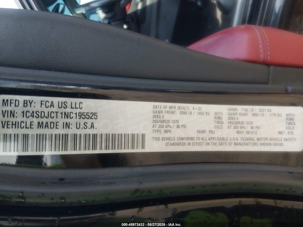 1C4SDJCT1NC195525 2022 DODGE DURANGO photo no. 9