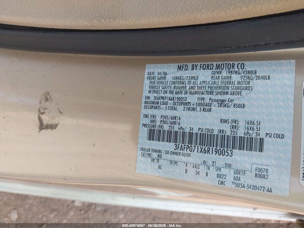 3FAFP071X6R190053 2006 FORD FUSION photo no. 9
