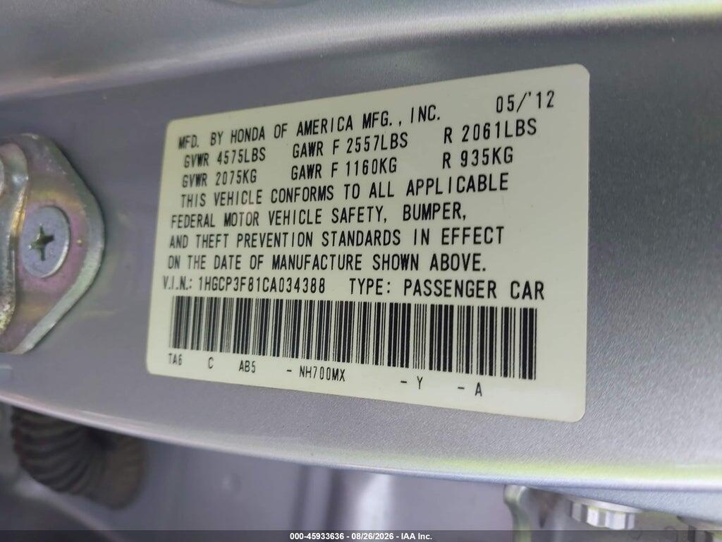 1HGCP3F81CA034388 2012 HONDA ACCORD photo no. 8