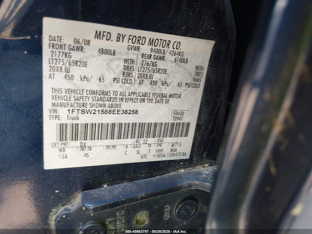 1FTSW21588EE38258 2008 FORD F-250 photo no. 9