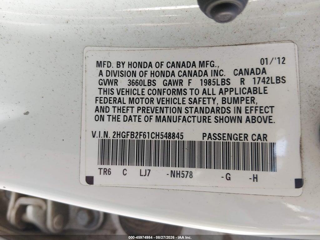 2HGFB2F61CH548845 2012 HONDA CIVIC photo no. 9
