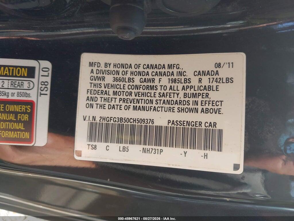 2HGFG3B50CH509376 2012 HONDA CIVIC photo no. 9