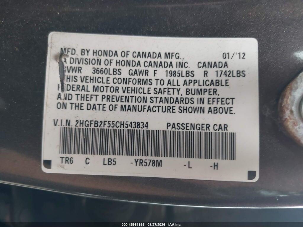 2HGFB2F55CH543834 2012 HONDA CIVIC photo no. 9