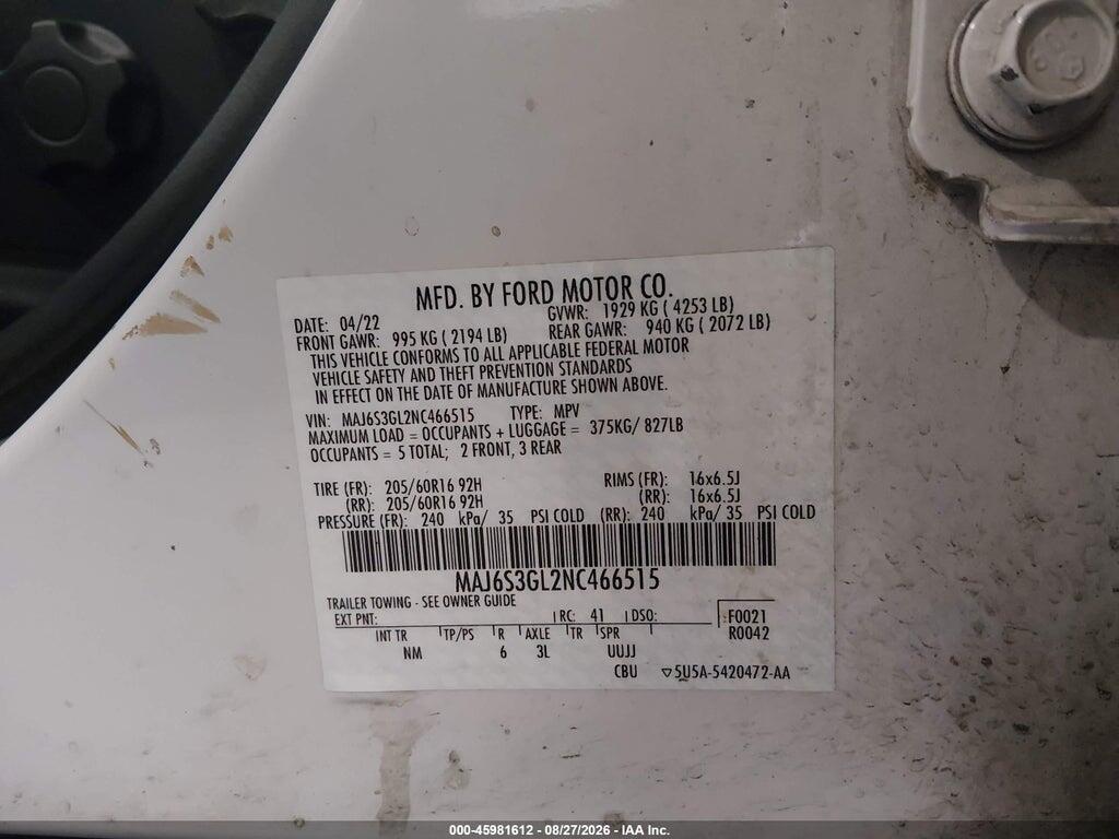 MAJ6S3GL2NC466515 2022 FORD ECOSPORT photo no. 9