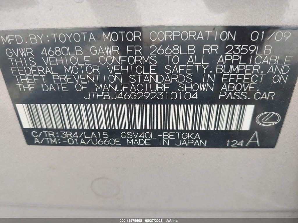 JTHBJ46G292310104 2009 LEXUS ES 350 photo no. 9