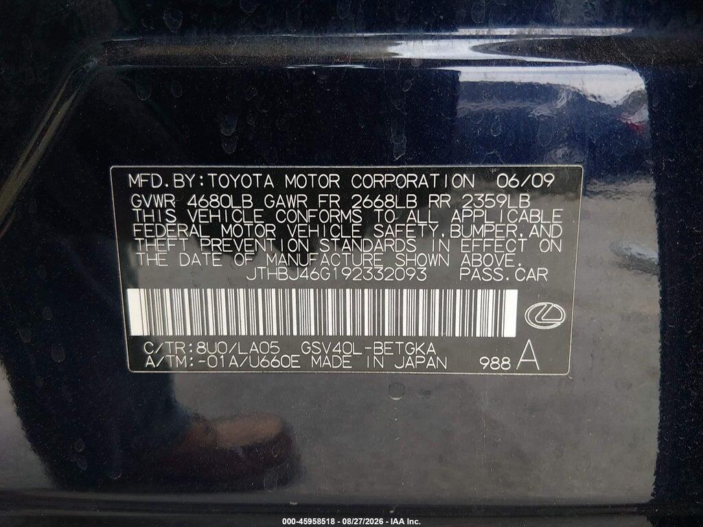 JTHBJ46G192332093 2009 LEXUS ES 350 photo no. 9