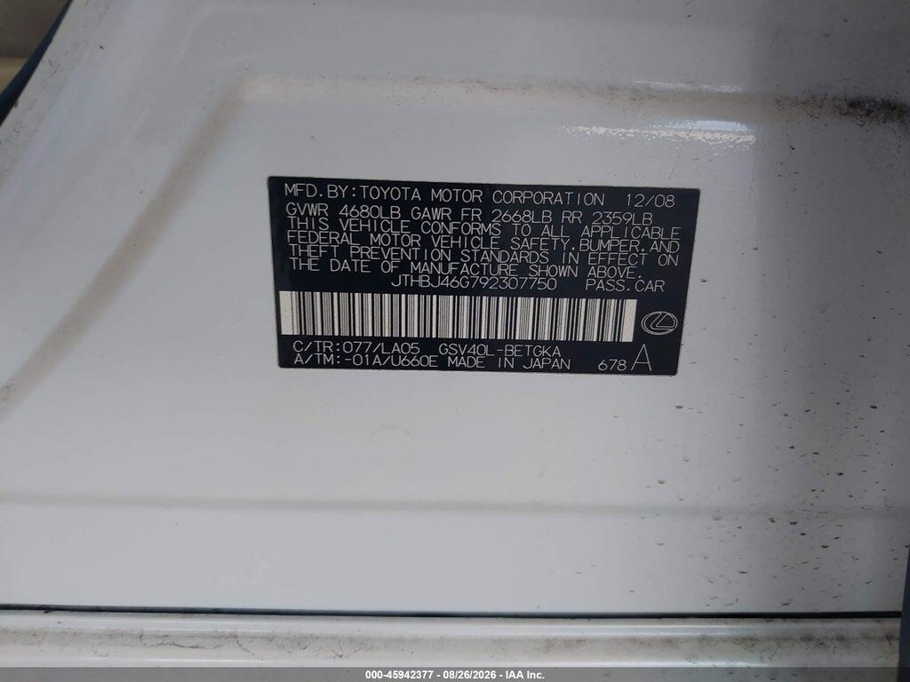 JTHBJ46G792307750 2009 LEXUS ES 350 photo no. 9