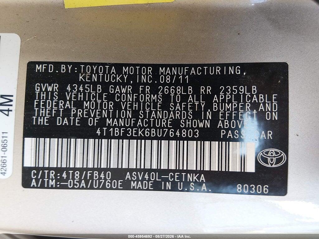 4T1BF3EK6BU764803 2011 TOYOTA CAMRY photo no. 9