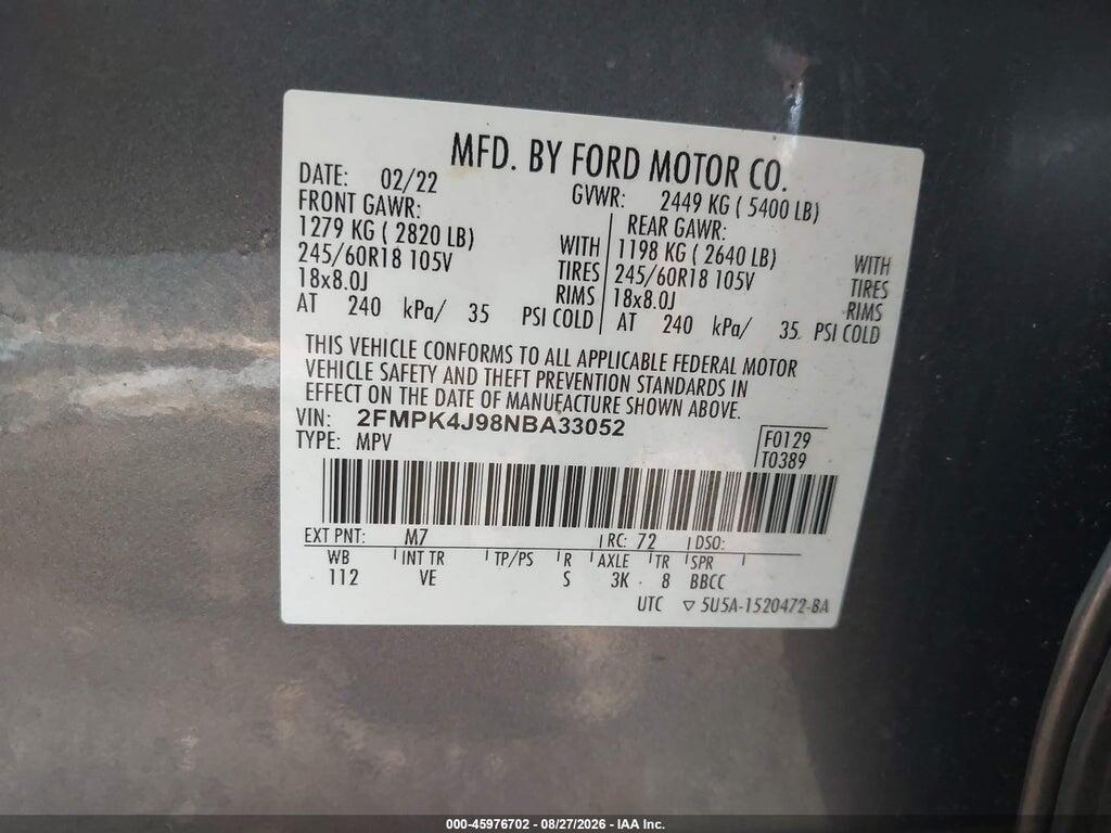 2FMPK4J98NBA33052 2022 FORD EDGE photo no. 9