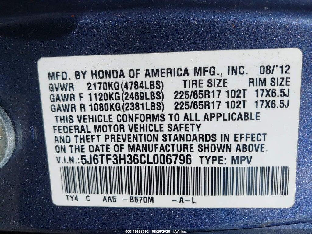 5J6TF3H36CL006796 2012 HONDA CROSSTOUR photo no. 9