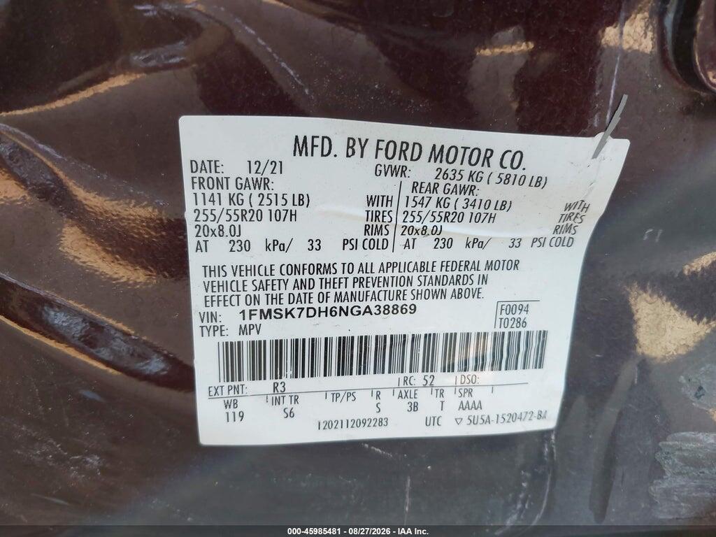 1FMSK7DH6NGA38869 2022 FORD EXPLORER photo no. 9