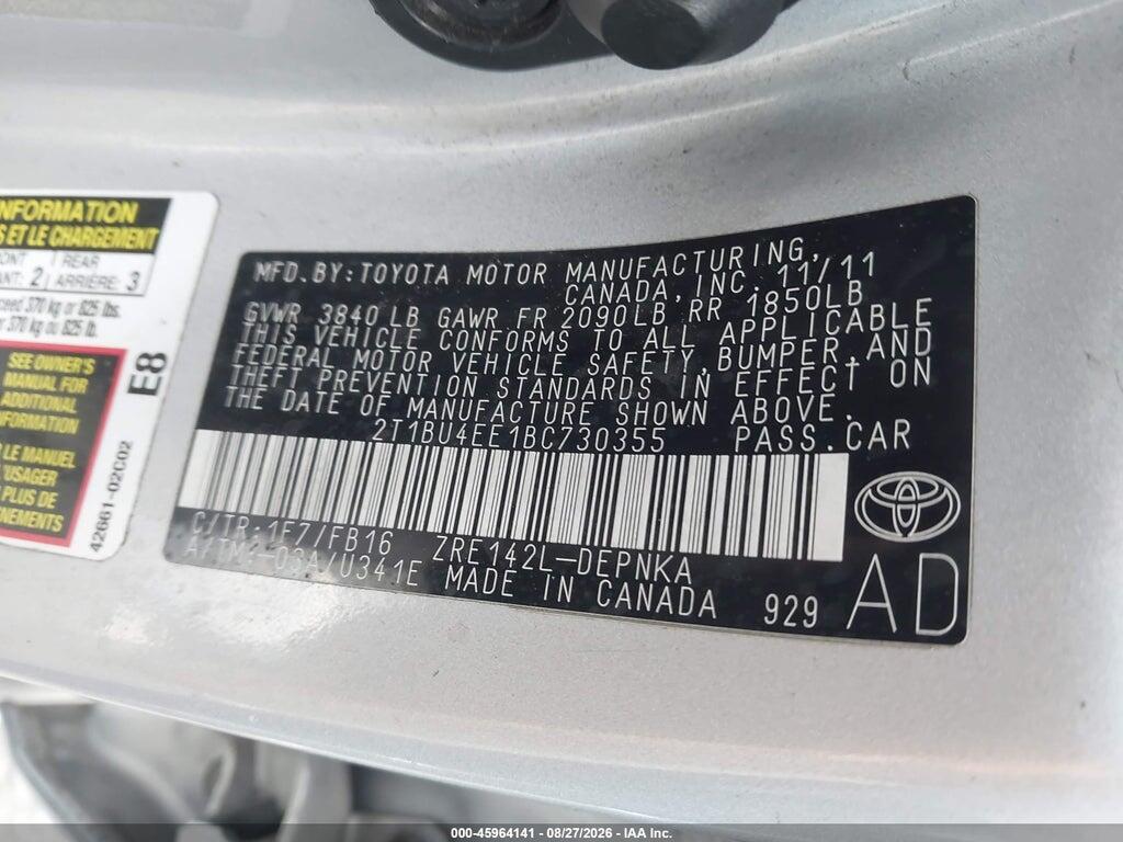 2T1BU4EE1BC730355 2011 TOYOTA COROLLA photo no. 9
