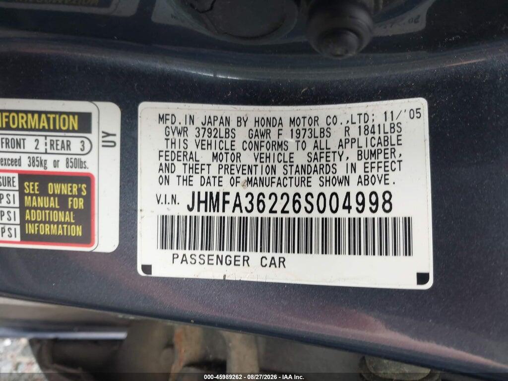 JHMFA36226S004998 2006 HONDA CIVIC HYBRID photo no. 9