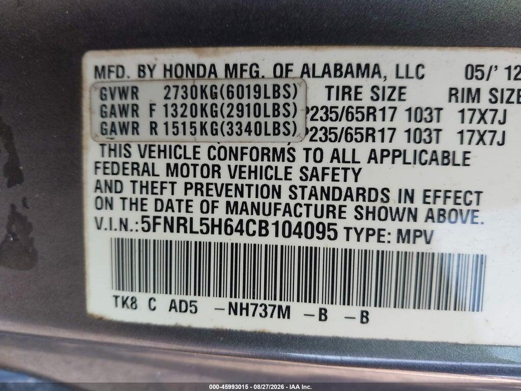 5FNRL5H64CB104095 2012 HONDA ODYSSEY photo no. 9