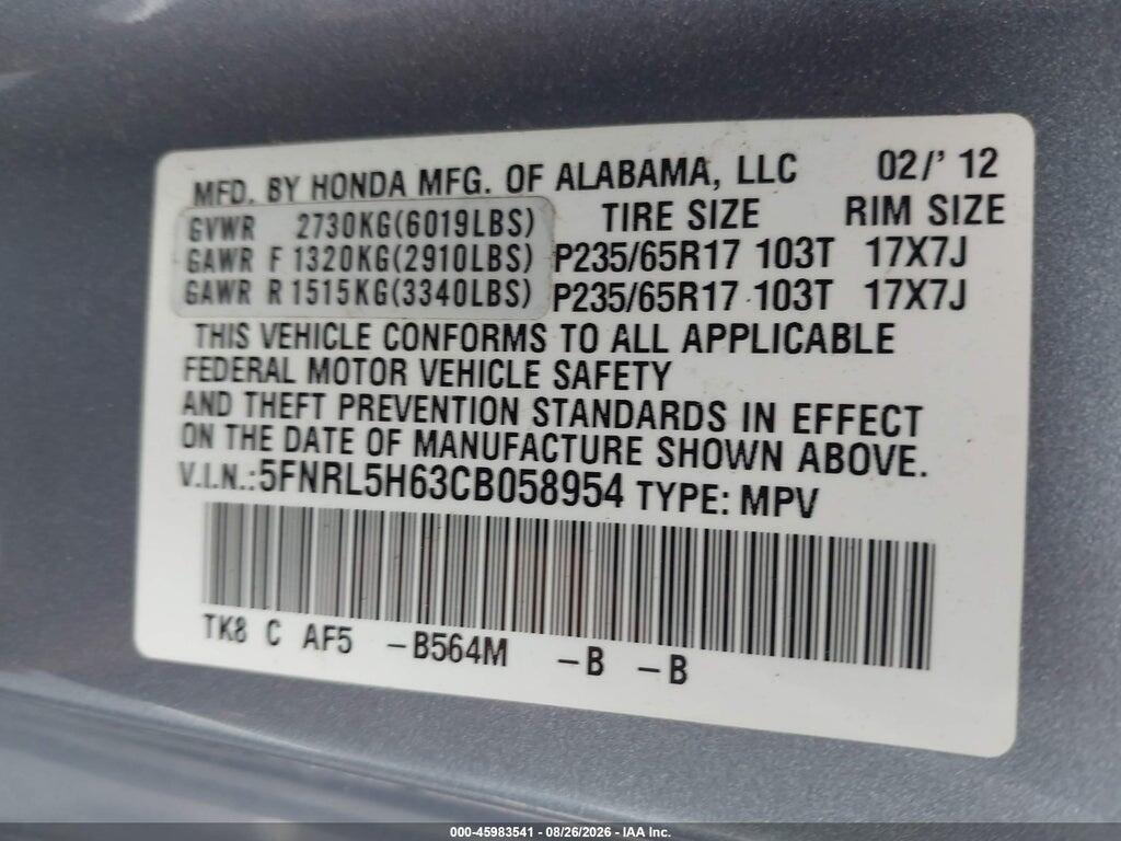 5FNRL5H63CB058954 2012 HONDA ODYSSEY photo no. 9
