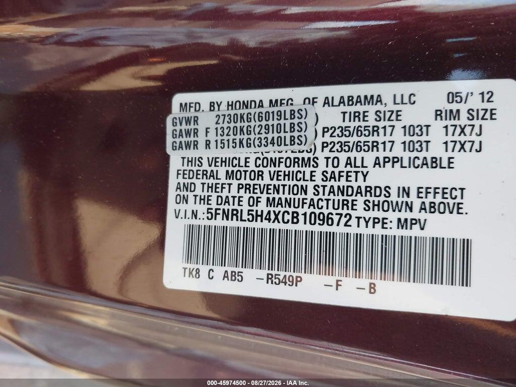 5FNRL5H4XCB109672 2012 HONDA ODYSSEY photo no. 9