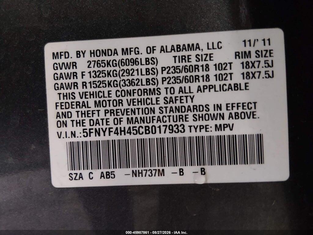 5FNYF4H45CB017933 2012 HONDA PILOT photo no. 9