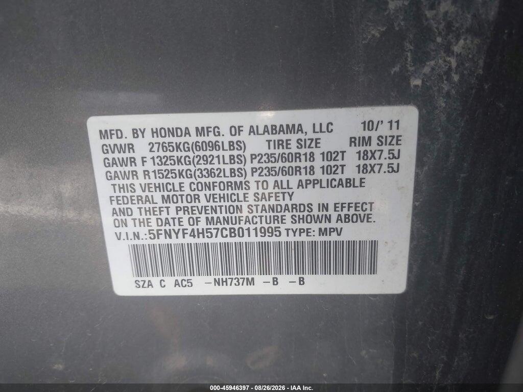 5FNYF4H57CB011995 2012 HONDA PILOT photo no. 9