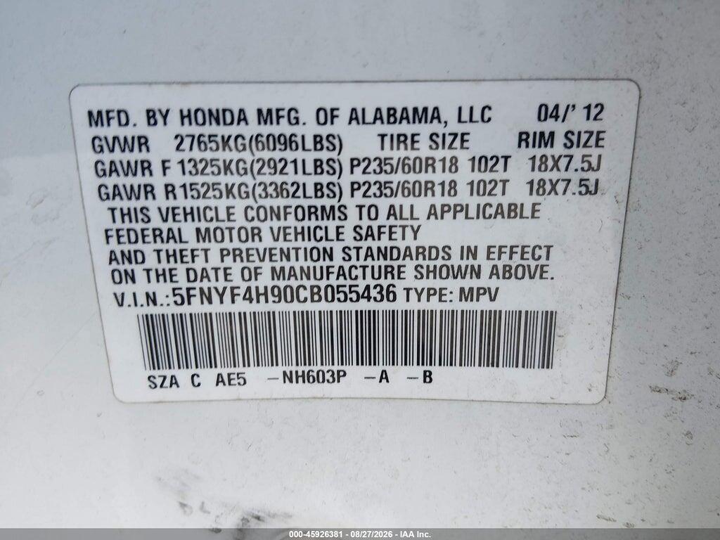 5FNYF4H90CB055436 2012 HONDA PILOT photo no. 9