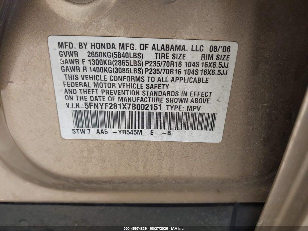 5FNYF281X7B002151 2007 HONDA PILOT photo no. 9