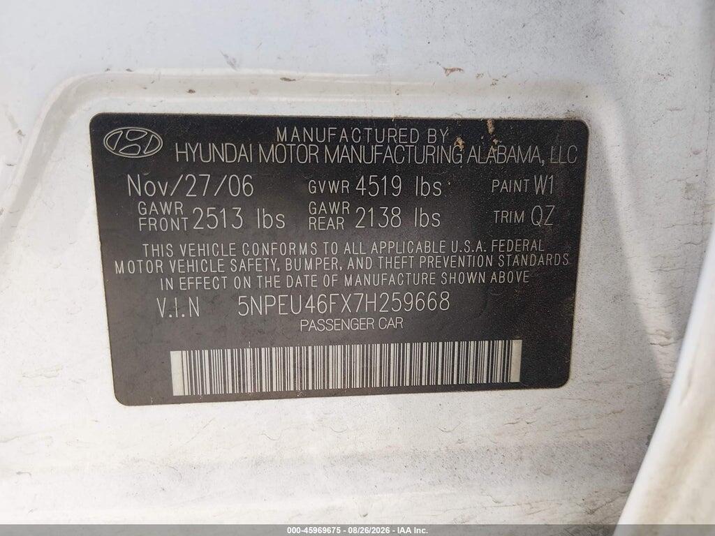 5NPEU46FX7H259668 2007 HYUNDAI SONATA photo no. 9