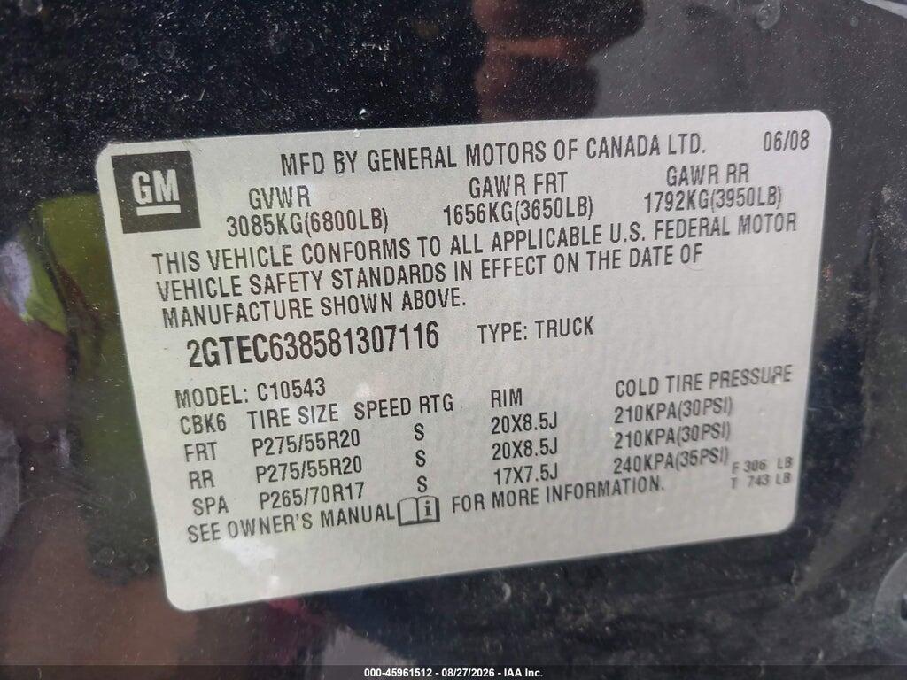 2GTEC638581307116 2008 GMC SIERRA 1500 photo no. 9