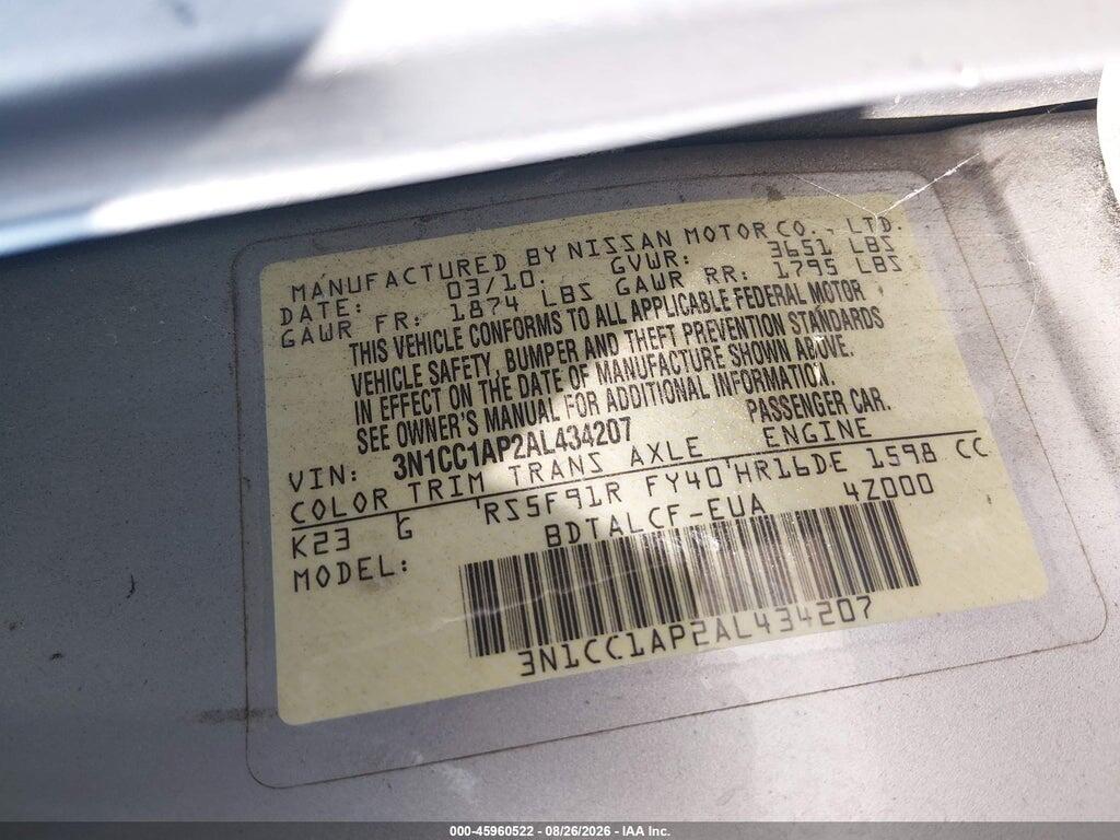 3N1CC1AP2AL434207 2010 NISSAN VERSA photo no. 9