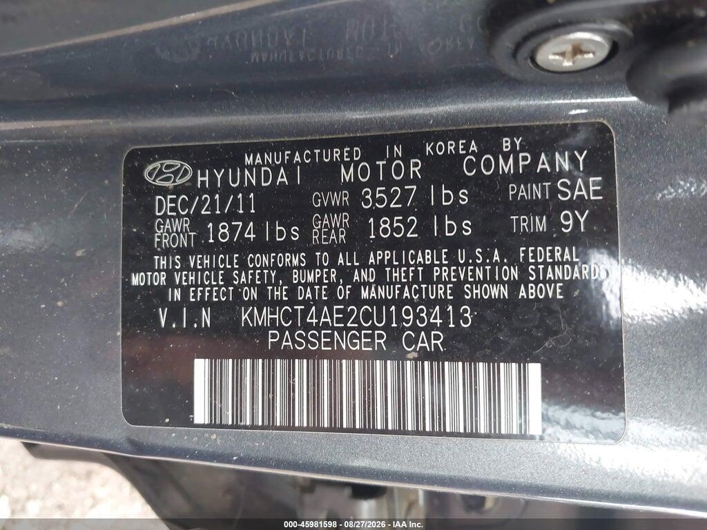 KMHCT4AE2CU193413 2012 HYUNDAI ACCENT photo no. 9