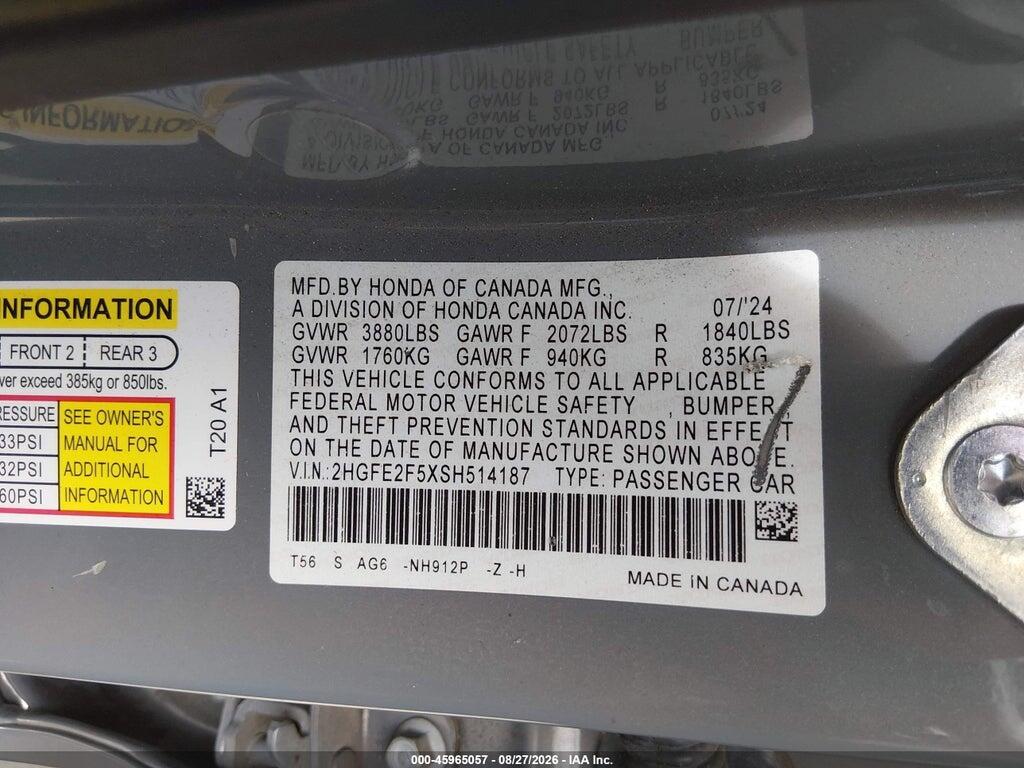 2HGFE2F5XSH514187 2025 HONDA CIVIC photo no. 9