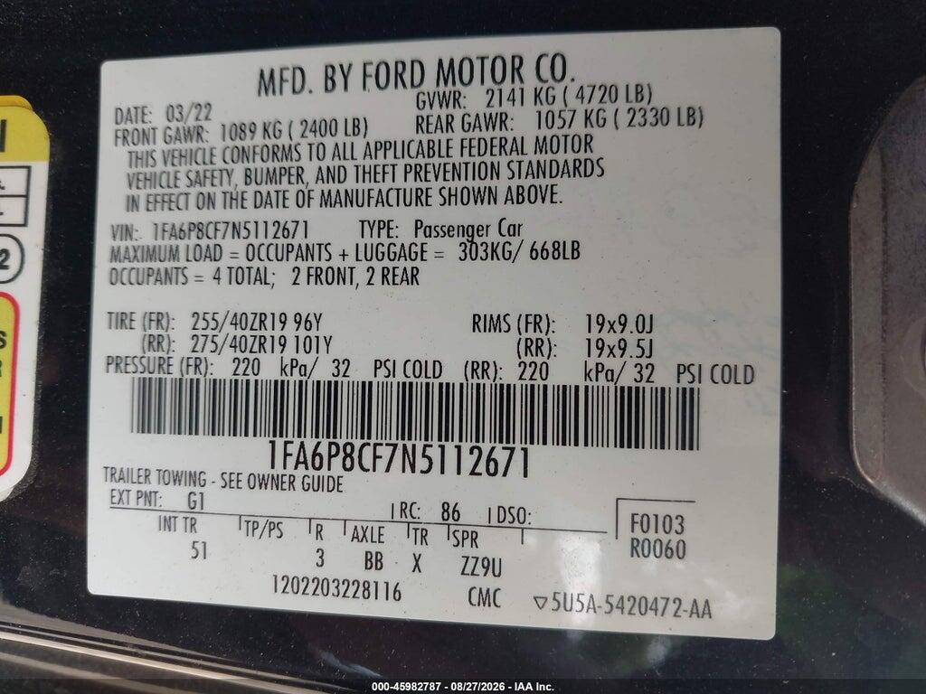 1FA6P8CF7N5112671 2022 FORD MUSTANG photo no. 9