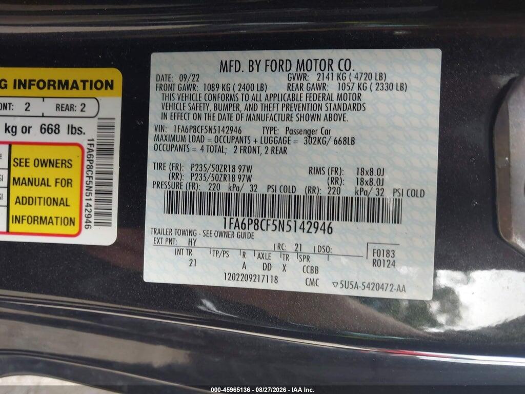 1FA6P8CF5N5142946 2022 FORD MUSTANG photo no. 9