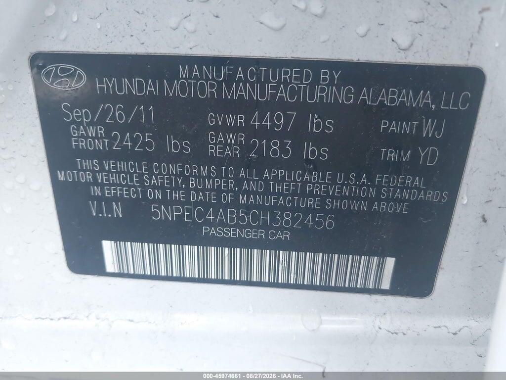 5NPEC4AB5CH382456 2012 HYUNDAI SONATA photo no. 9