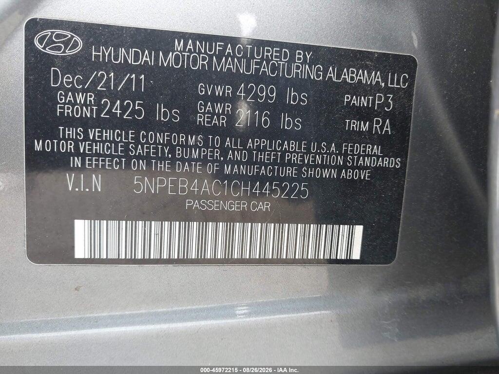 5NPEB4AC1CH445225 2012 HYUNDAI SONATA photo no. 9