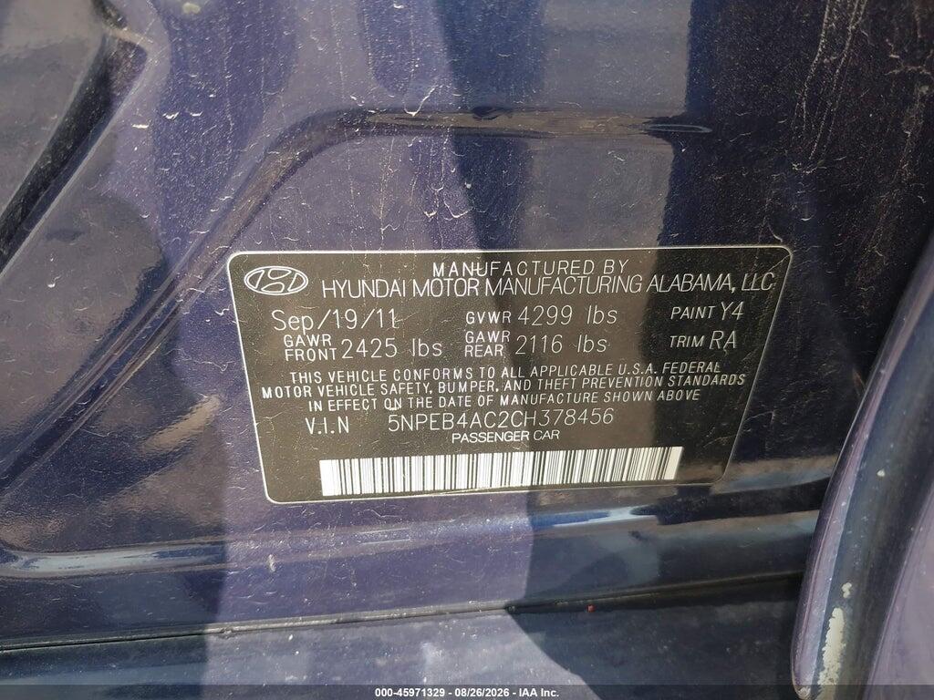 5NPEB4AC2CH378456 2012 HYUNDAI SONATA photo no. 9