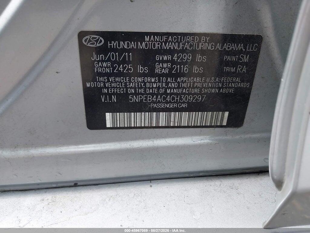 5NPEB4AC4CH309297 2012 HYUNDAI SONATA photo no. 9