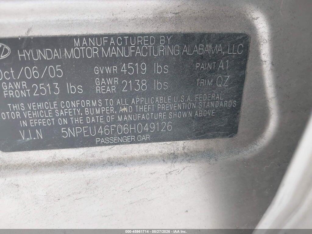 5NPEU46F06H049126 2006 HYUNDAI SONATA photo no. 9