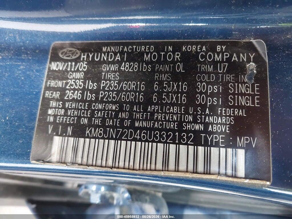 KM8JN72D46U332132 2006 HYUNDAI TUCSON photo no. 9