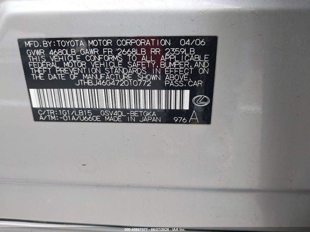 JTHBJ46G472010772 2007 LEXUS ES 350 photo no. 9