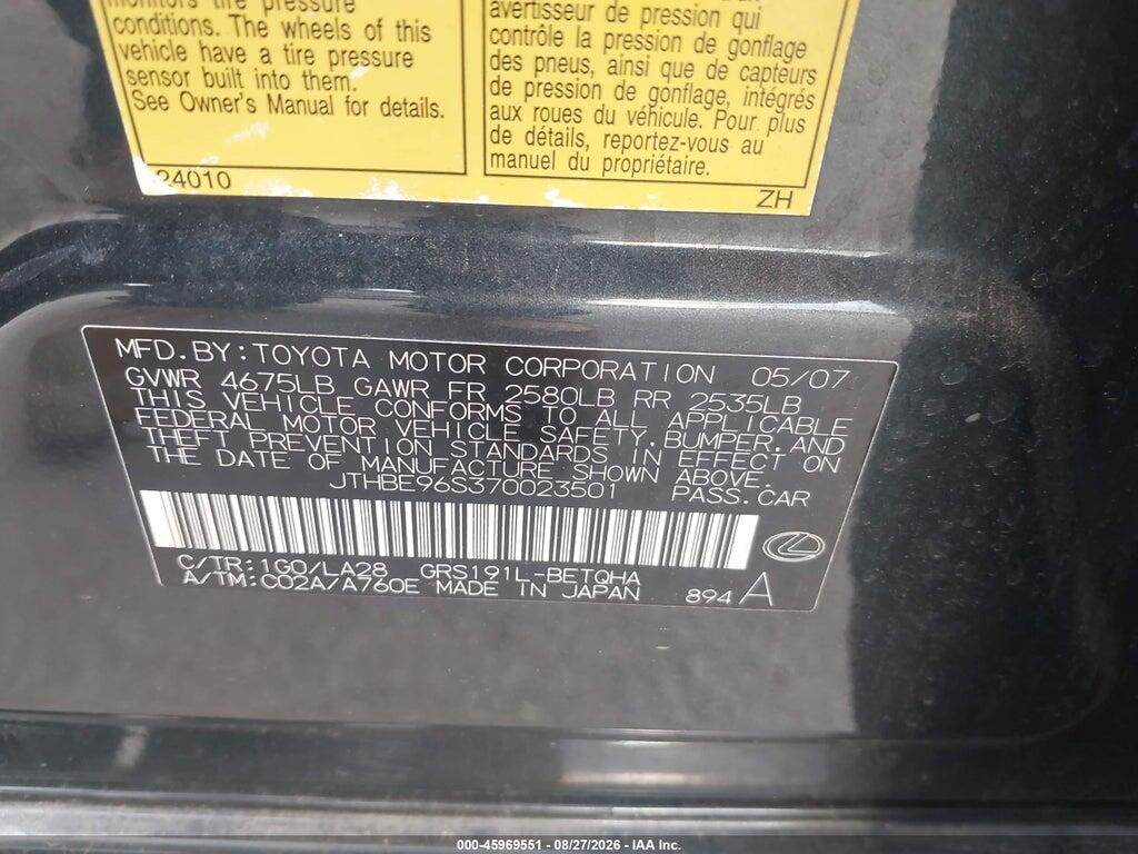 JTHBE96S370023501 2007 LEXUS GS 350 photo no. 9