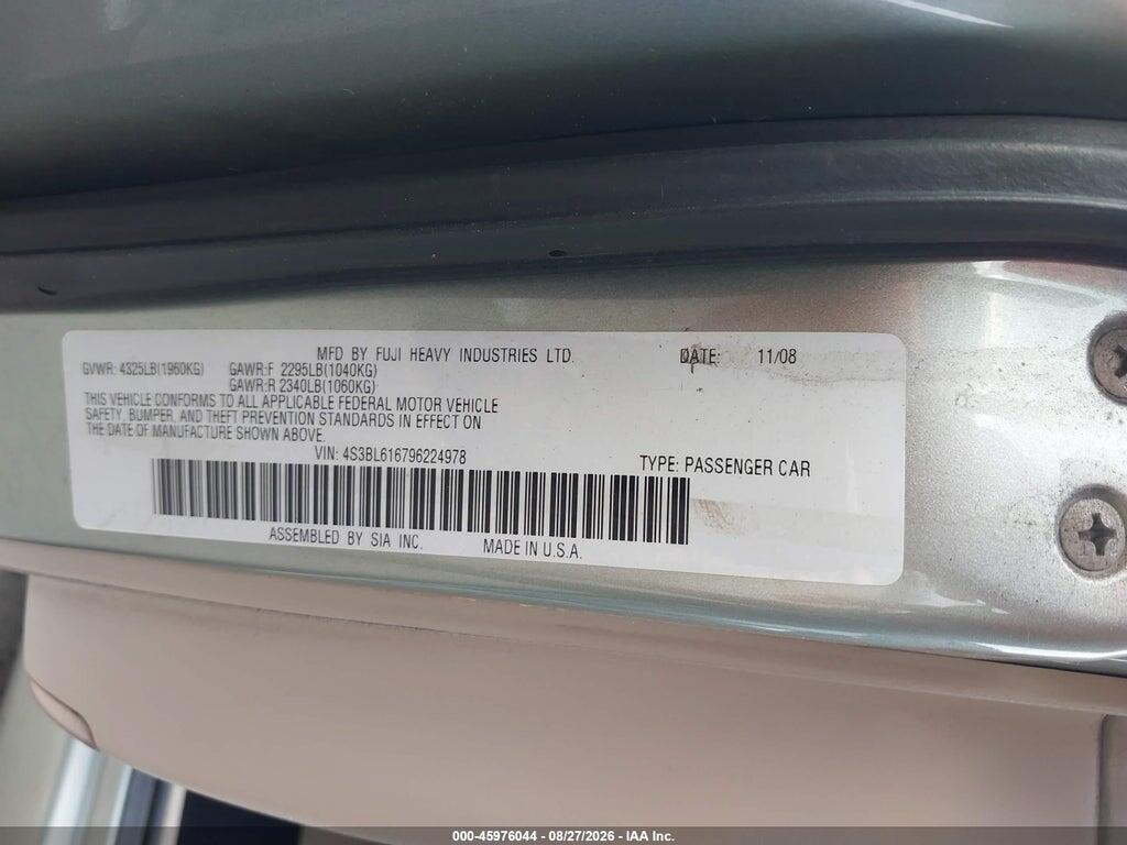 4S3BL616796224978 2009 SUBARU LEGACY photo no. 9