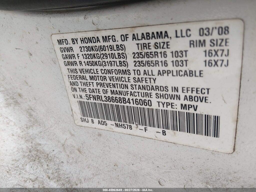 5FNRL38668B416060 2008 HONDA ODYSSEY photo no. 9