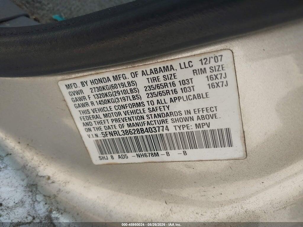 5FNRL38628B403774 2008 HONDA ODYSSEY photo no. 9