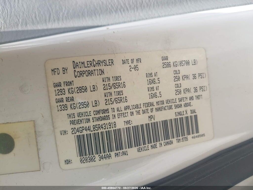 2D4GP44L85R431918 2005 DODGE GRAND CARAVAN photo no. 9