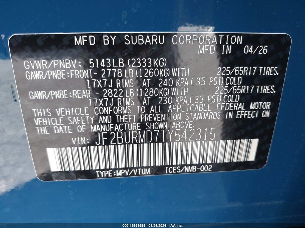 JF2BURMD7TY542315 2026 SUBARU OUTBACK photo no. 9
