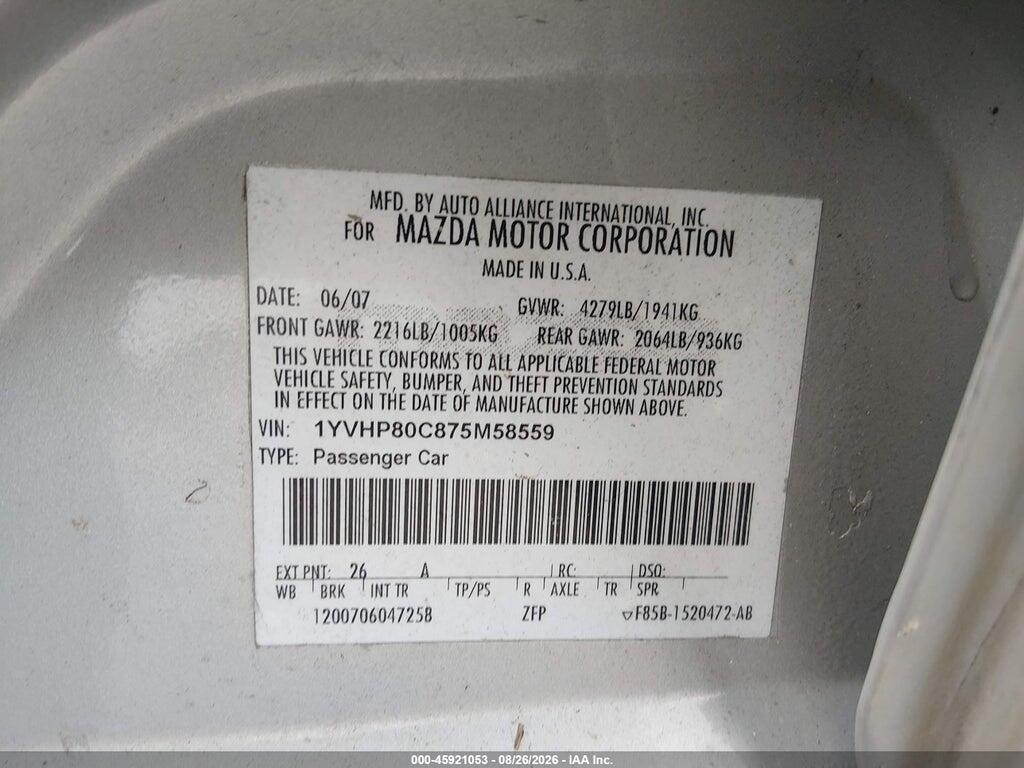 1YVHP80C875M58559 2007 MAZDA MAZDA6 photo no. 9