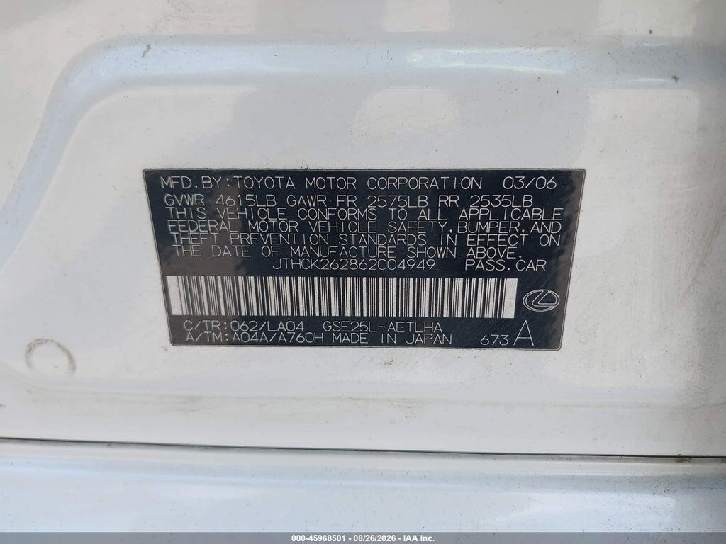 JTHCK262862004949 2006 LEXUS IS 250 photo no. 9