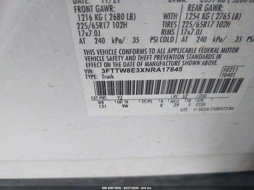 3FTTW8E3XNRA17845 2022 FORD MAVERICK photo no. 9