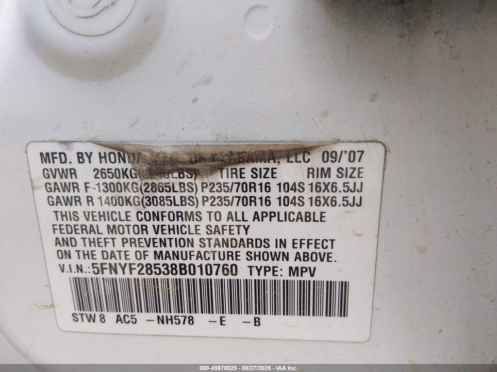 5FNYF28538B010760 2008 HONDA PILOT photo no. 9
