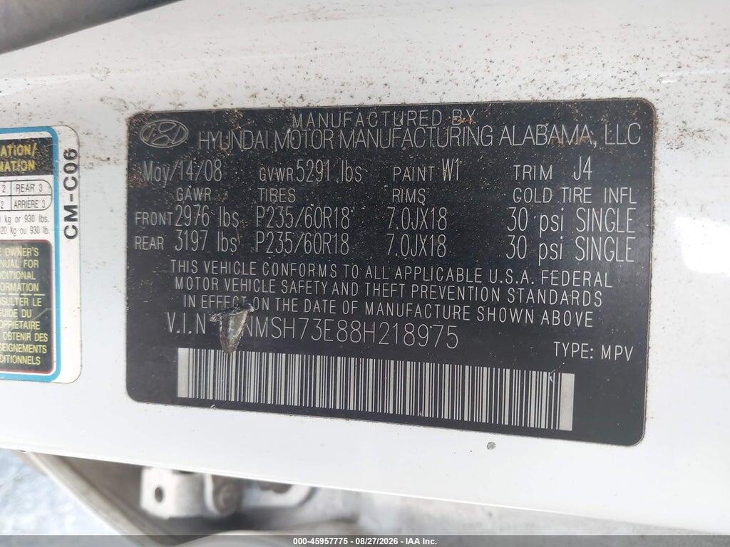 5NMSH73E88H218975 2008 HYUNDAI SANTA FE photo no. 9
